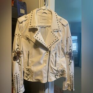 Blank NYC White vegan Leather Jacket with Floral Embroidery and Studs